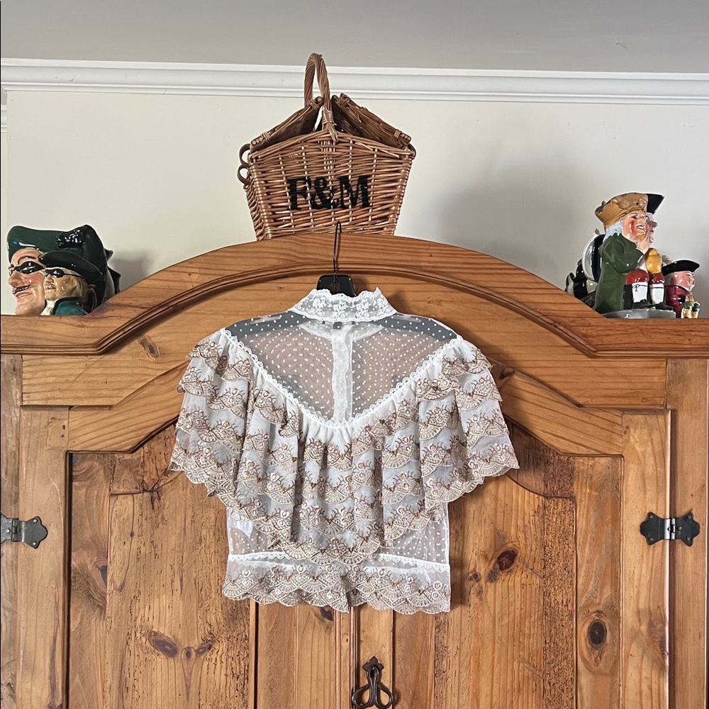 BEULAH Style Victorian-Inspired White Lace Blouse with Golden Embroidery Size: S - Picture 2 of 13